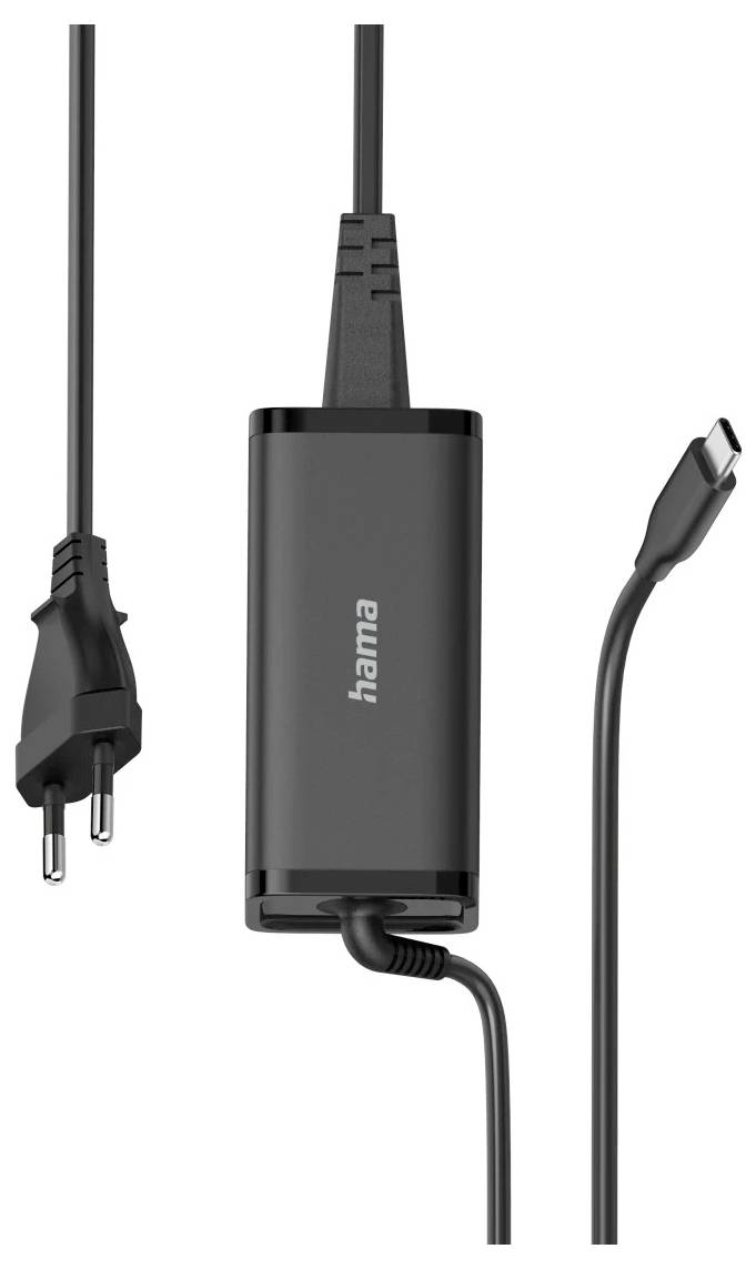 Ein schwarzer Hama-Laptop-Netzteil-Adapter mit einem europäischen Stecker auf der einen Seite und einem USB-C-Anschluss auf der anderen, der vor einem neutralen Hintergrund abgebildet ist.