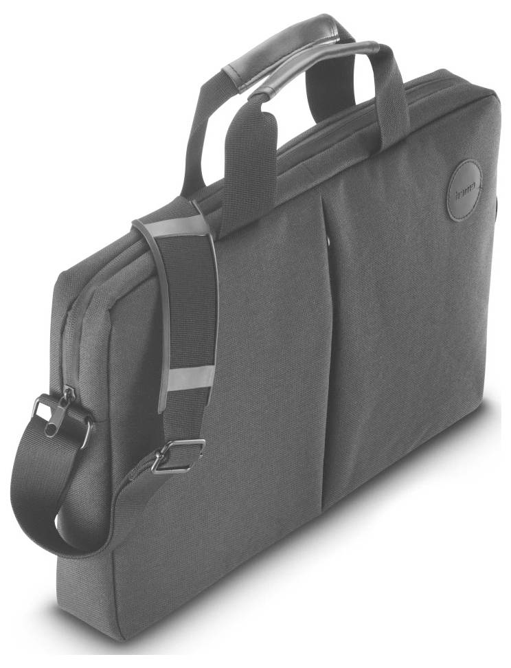 Eine graue, rechteckige Laptoptasche mit Griffen und einem Schultergurt, die ein Logo trägt.