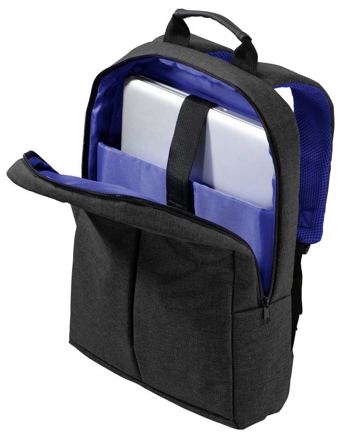 Schwarzer Rucksack mit einer vorderen Reißverschlusstasche, offen zur Anzeige eines Laptops und eines Notizbuchs im Hauptfach.