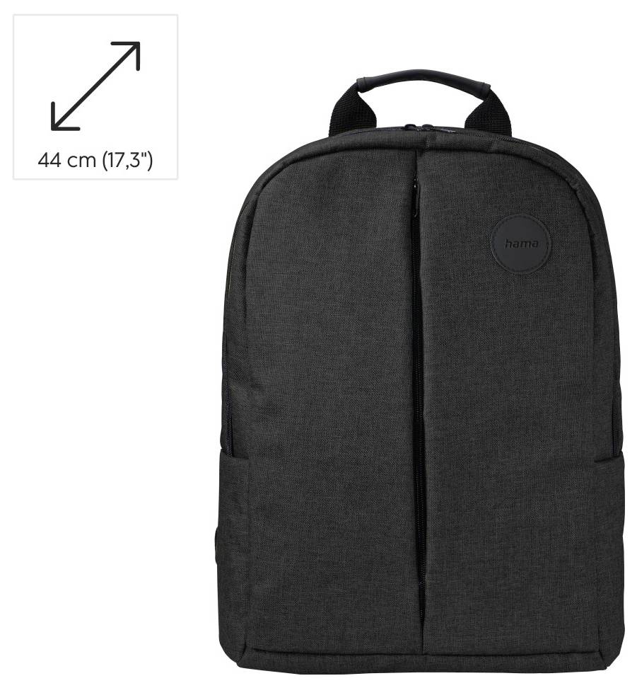 Schwarzer Laptop-Rucksack in Vorderansicht gezeigt, mit einem Größensymbol, das 44 cm (17,3 Zoll) anzeigt.
