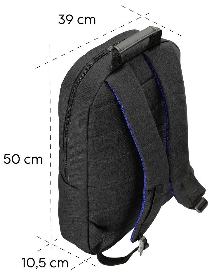 Schwarzer Rucksack mit beschrifteten Abmessungen: 50 cm hoch, 39 cm breit und 10,5 cm tief