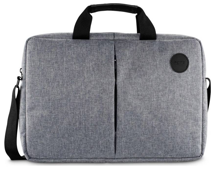 Eine graue Laptop-Tasche aus Stoff mit Griff und Schulterriemen, die ein schlichtes Design und ein rundes schwarzes Logo auf der Vorderseite aufweist.