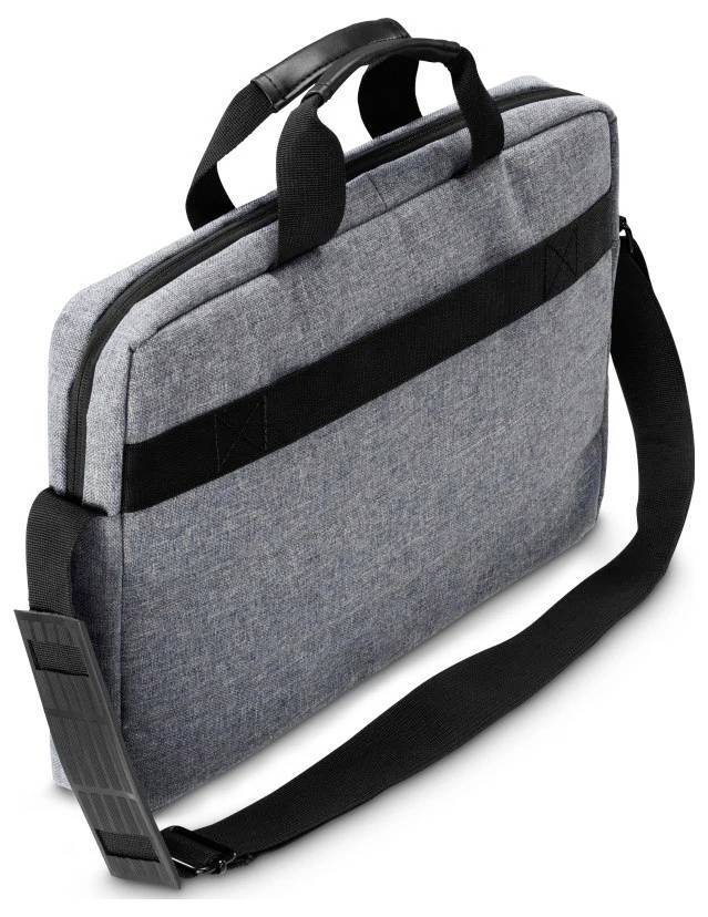 Eine graue Laptoptasche aus Stoff mit schwarzen Griffen und einem verstellbaren Schulterriemen, die sich durch ein schlankes Design und eine Vordertasche auszeichnet.
