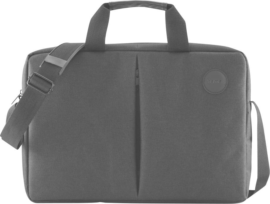 Eine graue Laptoptasche mit zwei Griffen und einem verstellbaren Schultergurt. Die Tasche verfügt über einen vorderen Reißverschluss und ein rundes Logo in der oberen rechten Ecke.