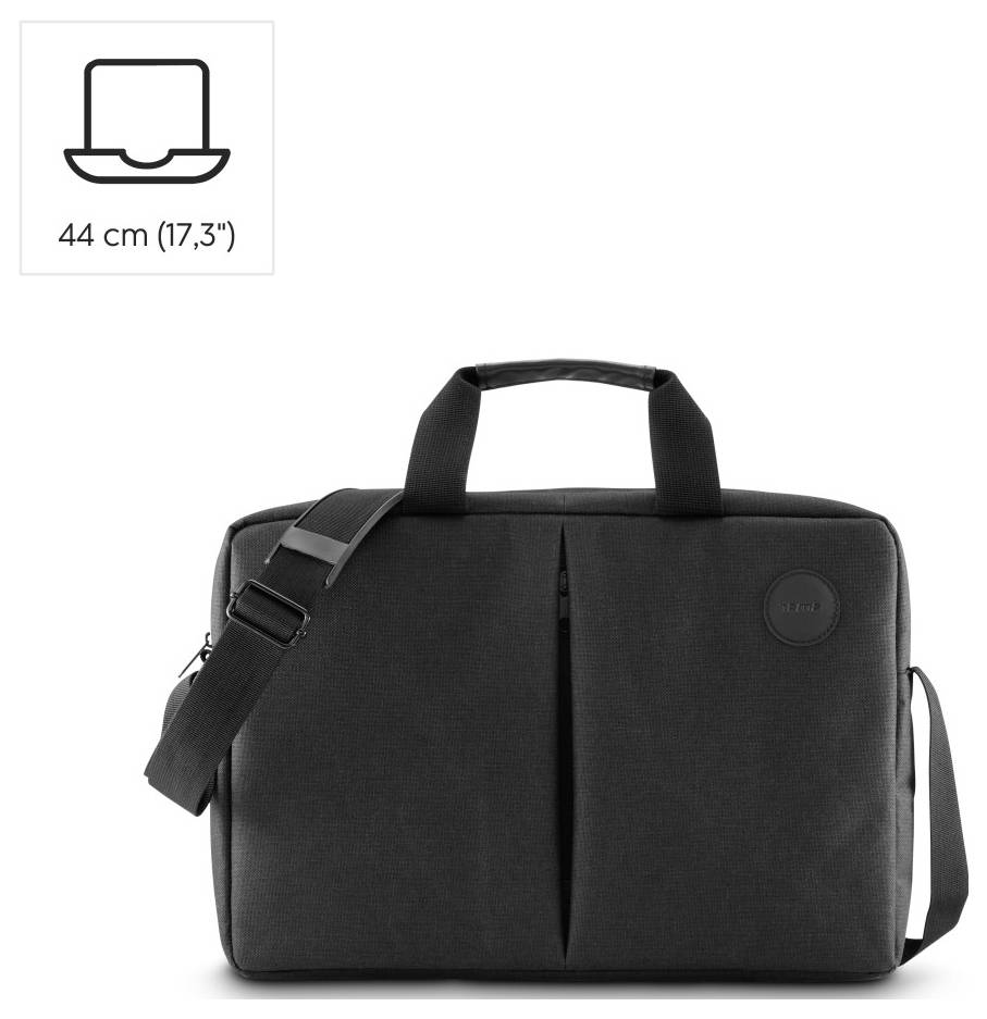 Eine schwarze Laptoptasche mit Griff und abnehmbarem Schultergurt, ausgestattet mit einem Reißverschlussabteil und zwei vorderen Taschen.