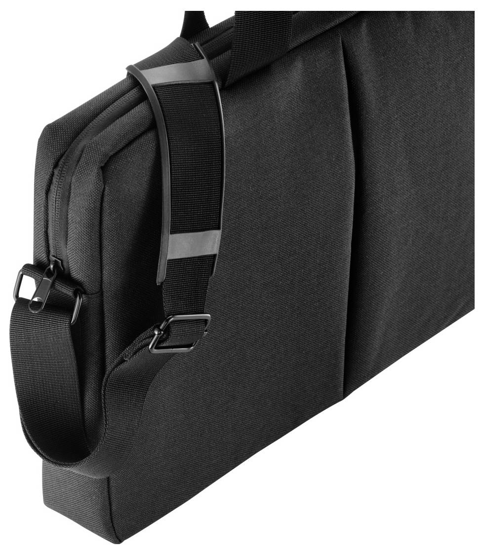 Eine graue Laptoptasche mit zwei Tragegriffen und einem verstellbaren Schultergurt wird aus einem Winkel gezeigt, wobei ihr schlankes, gepolstertes Design hervorgehoben wird.