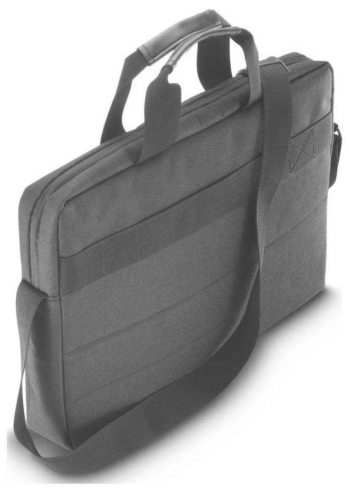 Eine graue Laptoptasche mit zwei Tragegriffen und einem verstellbaren Schultergurt wird aus einem Winkel gezeigt, wobei ihr schlankes, gepolstertes Design hervorgehoben wird.