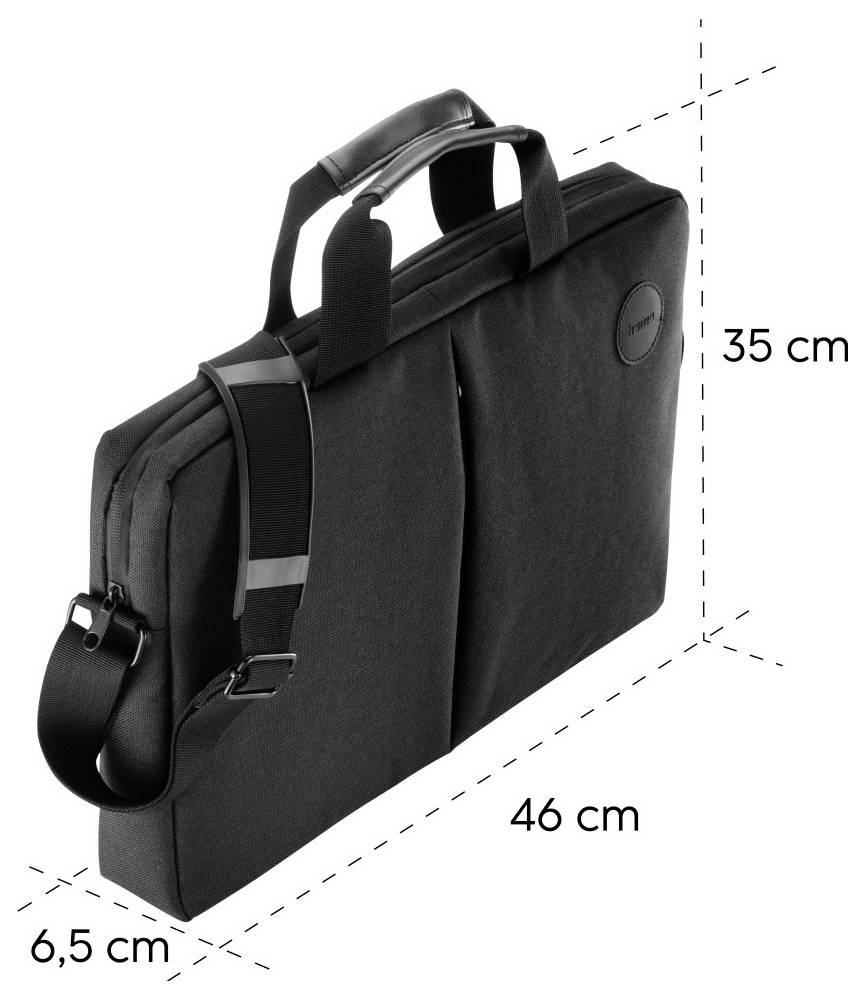 Eine schwarze Laptoptasche, die teilweise geöffnet ist und einen Laptop, einen grünen Ordner, ein pinkes Dokument und ein Buch im Inneren zeigt, wodurch der geräumige Stauraum hervorgehoben wird.