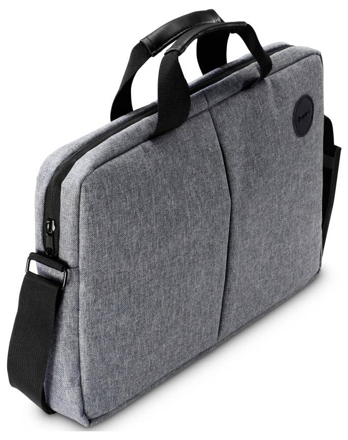 Eine graue Laptoptasche aus Stoff mit zwei Griffen und einem verstellbaren Schulterriemen, die durch ihr schlichtes Design zum Tragen von Laptops geeignet ist.