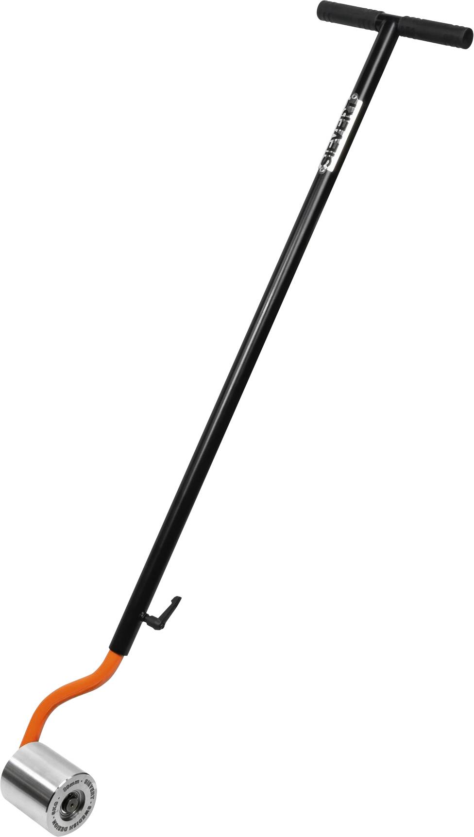 Ein langer schwarzer Griff mit einem orangefarbenen gebogenen Ende, der an einer kreisförmigen Metallwalze befestigt ist. Wird verwendet, um Druck gleichmäßig auf Oberflächen auszuüben.
