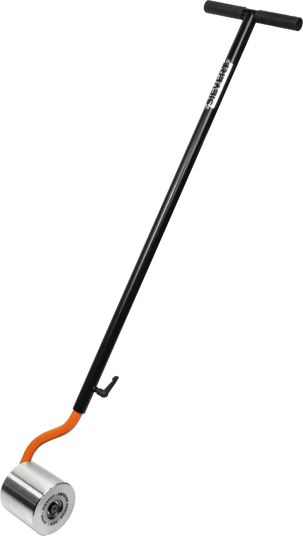 Ein langstieliger, T-förmiger Vinyl-Bodenroller mit einem Rad aus Edelstahl, der verwendet wird, um Druck auf Bodenbeläge zur Verklebung auszuüben.