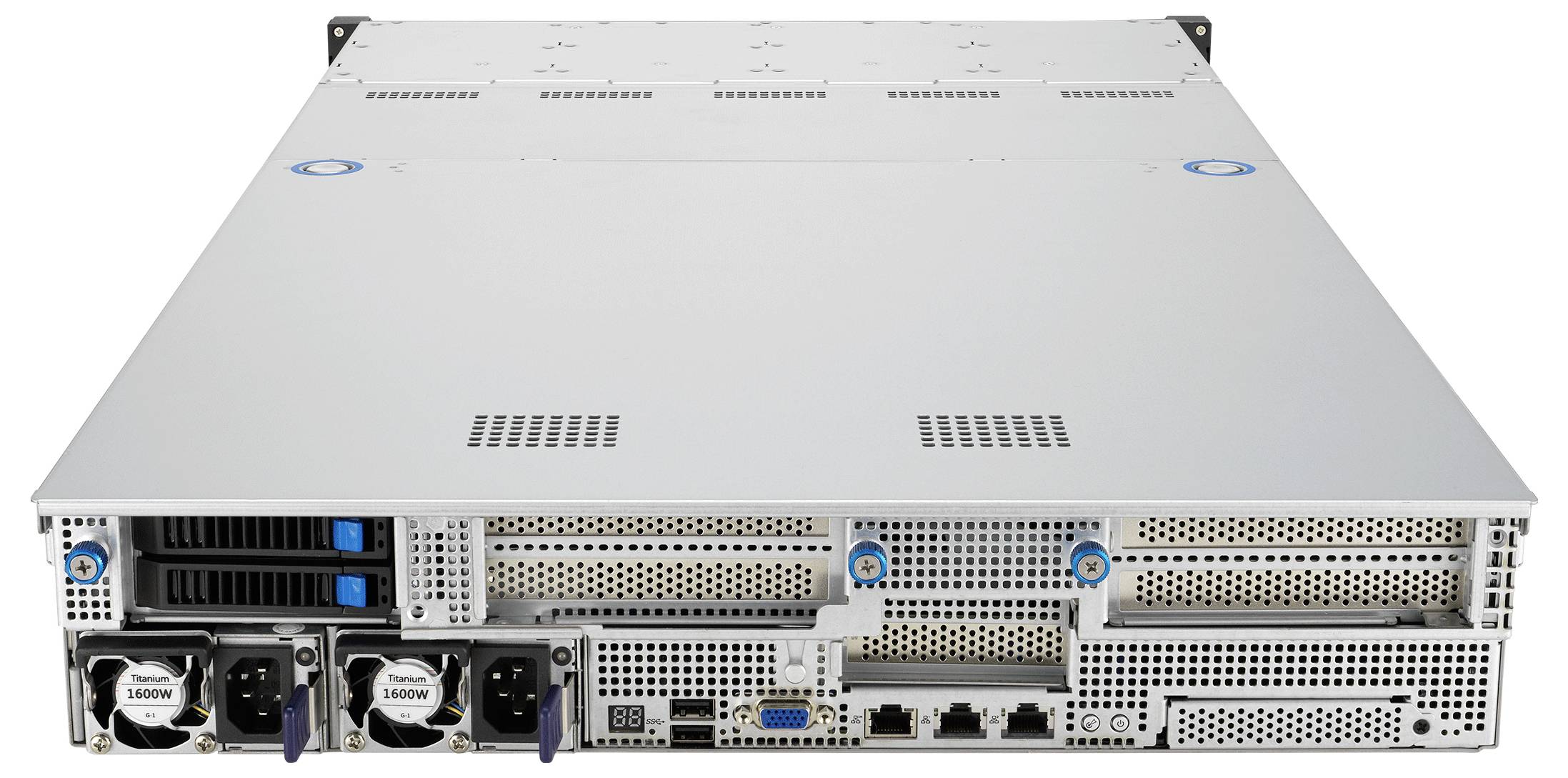 Eine große Servereinheit mit mehreren Kühlventiloren, Anschlüssen und Stromversorgungseinheiten auf der Rückseite. Sie ist für den Einsatz in Rechenzentren konzipiert.