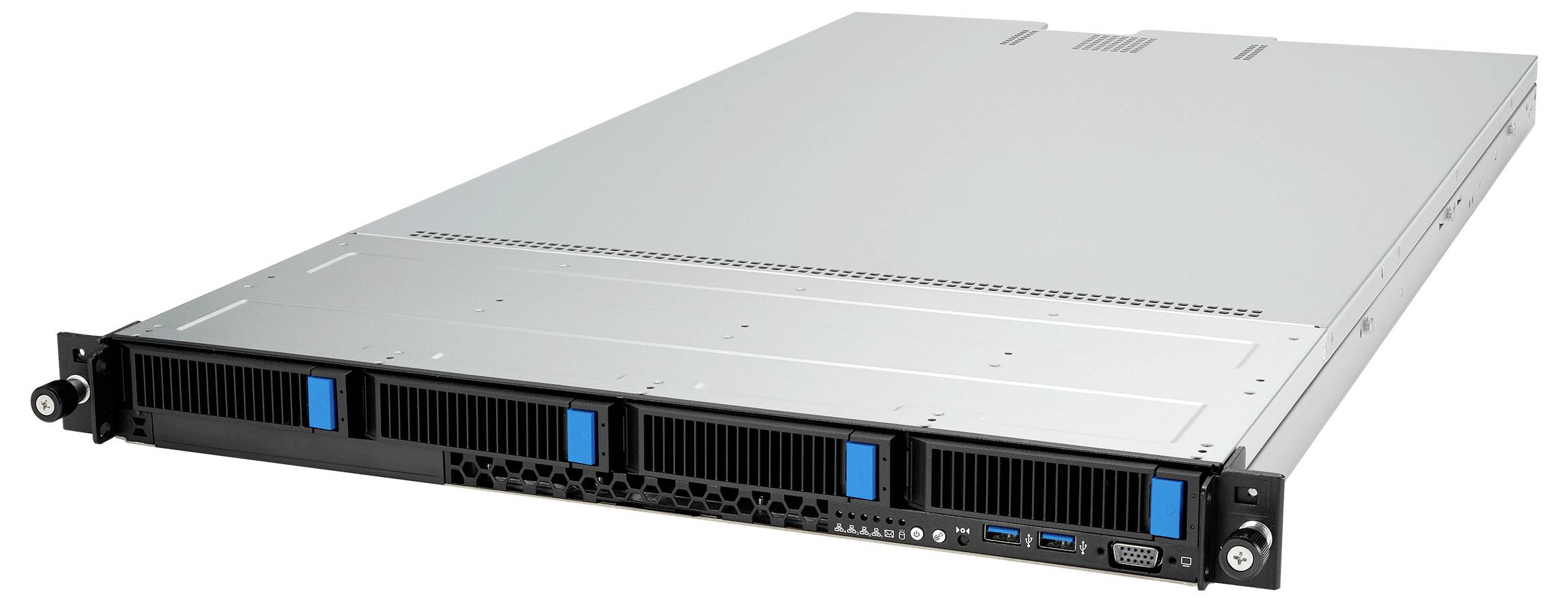 Serverrack mit mehreren Festplattenschächten, silbernes Gehäuse, zwei USB-Anschlüsse auf der linken Seite und Stromschalter auf der rechten Seite, vor weißem Hintergrund.