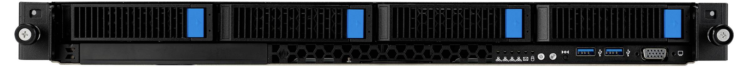 Vorderansicht eines rackmontierten Server-Gehäuses mit 24 Antriebsschächten, jeder mit einem blauen Verriegelungsmechanismus, und USB-Anschlüssen an den Seiten.