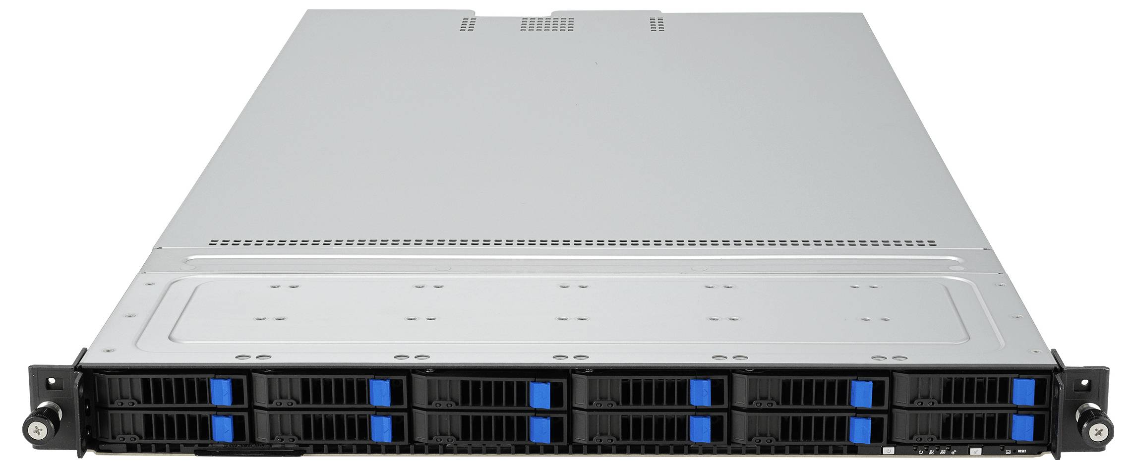 Ein silberfarbenes, 1U-Rack-montiertes Servergerät mit mehreren Steckplätzen und blauen Hervorhebungen auf der Frontblende, geeignet für Datenspeicherung oder Vernetzung.