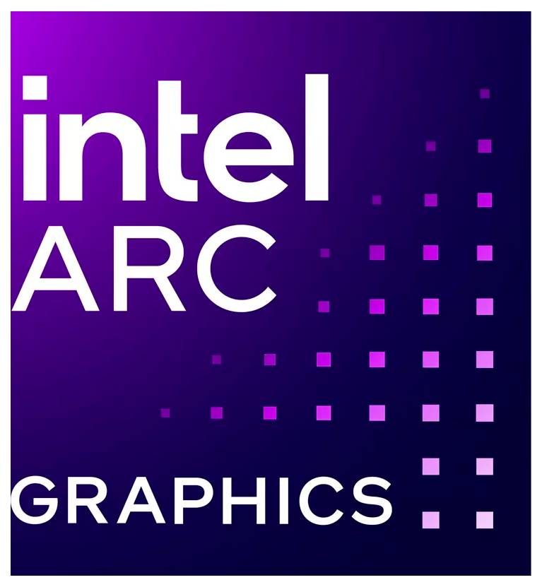 'Intel ARC Graphics' Logo: Zeigt einen Verlaufshintergrund in Lila mit weißem Text und pixelartigen Designelementen auf der rechten Seite.
