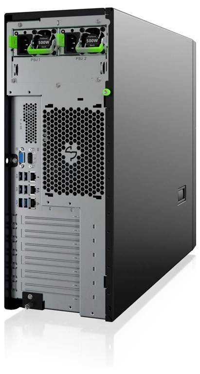 Ein schwarzer, turmartiger Computerserver mit sichtbaren Anschlüssen und doppelten Stromversorgungen, der Konnektivitäts- und Redundanzmerkmale in Bezug auf die Stromversorgung hervorhebt.