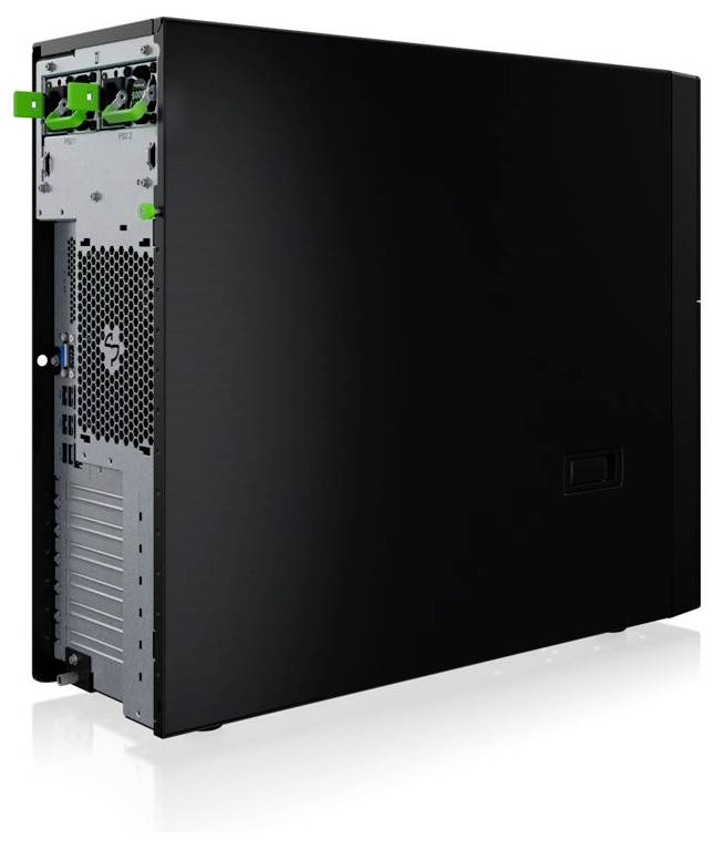 Ein schwarzer Computer-Tower mit Anschlüssen auf der Rückseite, darunter USB, Ethernet und Audioports, sowie dem Netzteil und den Lüftungsöffnungen.