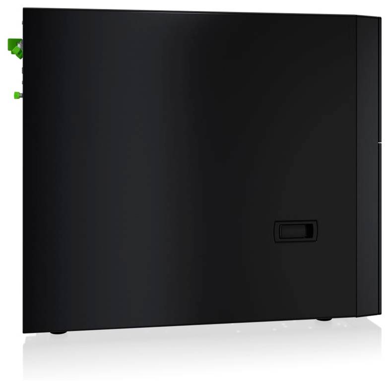 Ein schwarzes rechteckiges elektronisches Gerät mit einem Griff an der Seite, das für eine moderne, minimalistische Ästhetik konzipiert ist.