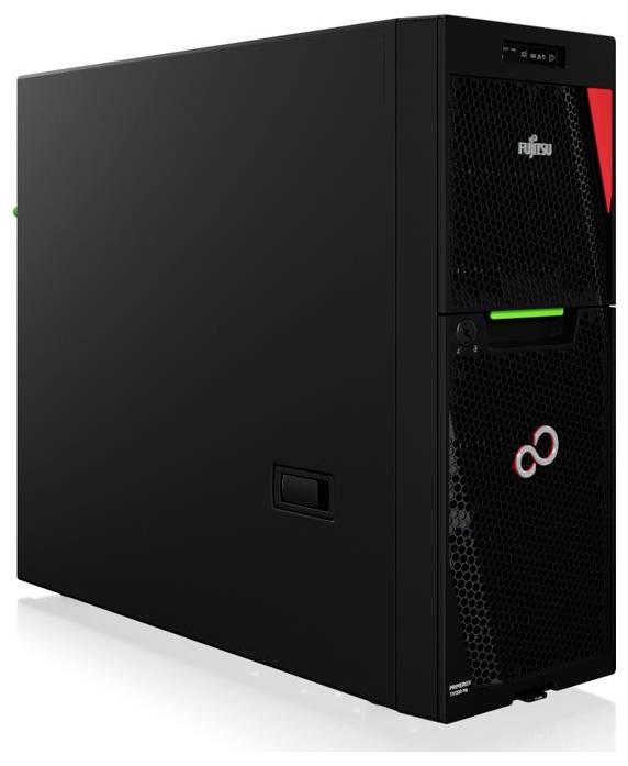 Ein schwarzer Fujitsu-Serverturm mit einer Frontblende aus Maschengewebe, versehen mit Logos und Leistungsanzeigen.