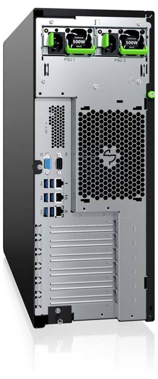 Rückansicht eines Computertowers mit mehreren USB-Anschlüssen, Belüftungsschlitzen und zwei Netzteilen mit der Beschriftung 500W. Die Anschlüsse umfassen HDMI und Audio.