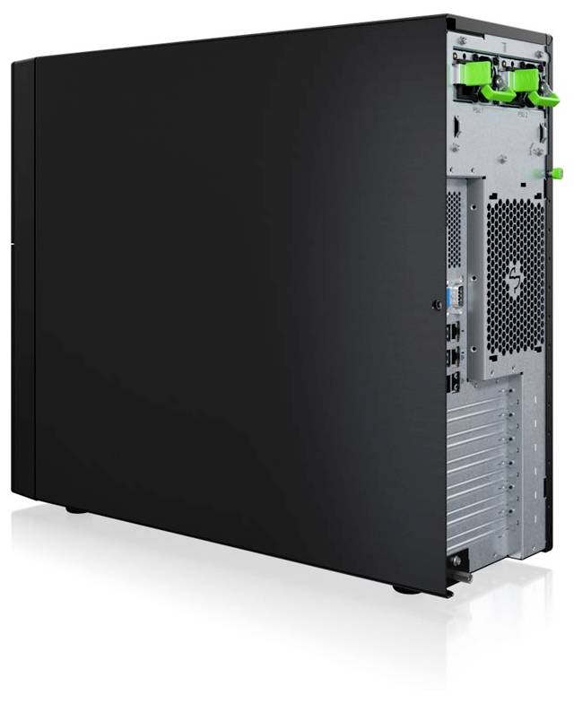 Ein schwarzer Computertower mit mehreren Anschlüssen und Lüftungsöffnungen, mit grünen Griffakzenten, entwickelt für einfachen Zugang und Kühlungseffizienz.