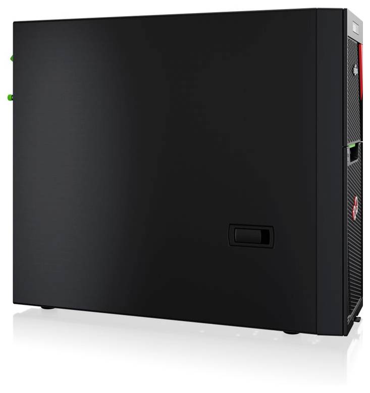 Schlanke schwarze Computer-Gehäuse mit minimalistischem Design, mit Lüftungsöffnungen an der Frontseite und dezenten grünen Akzenten an der Seite.