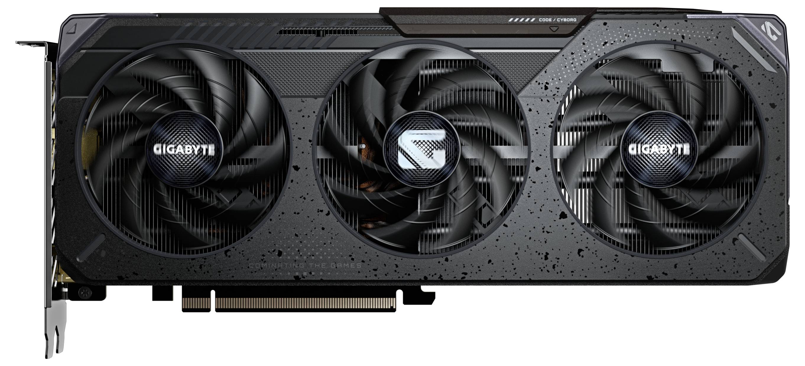 Eine Grafikkarte mit drei Kühlventilatoren, mit der Marke Gigabyte beschriftet, die für High-Performance-Gaming und Grafikverarbeitung entwickelt wurde.