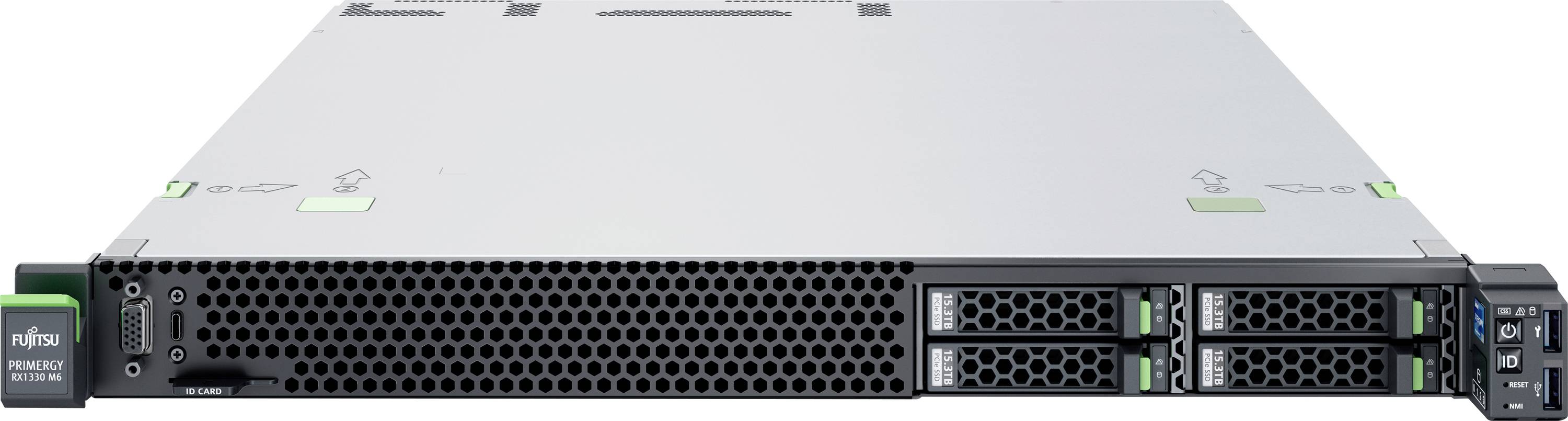 Ein silberner Server mit einer schwarzen Frontblende mit Gitterstruktur, grünen Akzenten und vier Laufwerkschächten wird in einer Rack-Montage präsentiert.