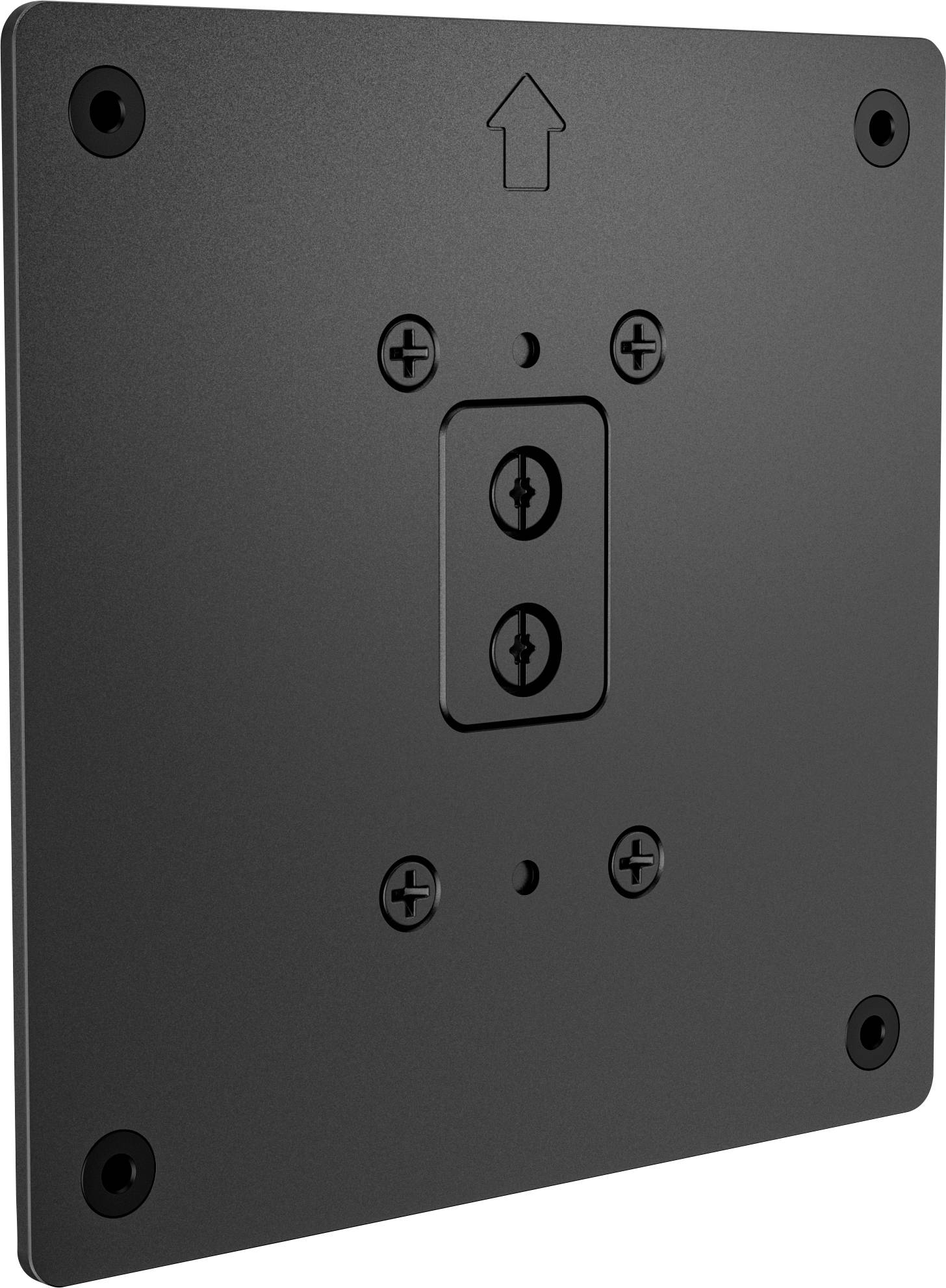 Eine schwarze Metallwandplatte mit sechs Schraubenlöchern und einem nach oben weisenden Pfeil, wahrscheinlich zum Befestigen oder Sichern eines Gegenstands wie einer TV-Halterung.