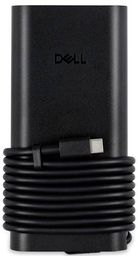 Ein schwarzes Dell-Netzteil mit einem aufgewickelten USB-C-Kabel, das ordentlich darum gewickelt ist.