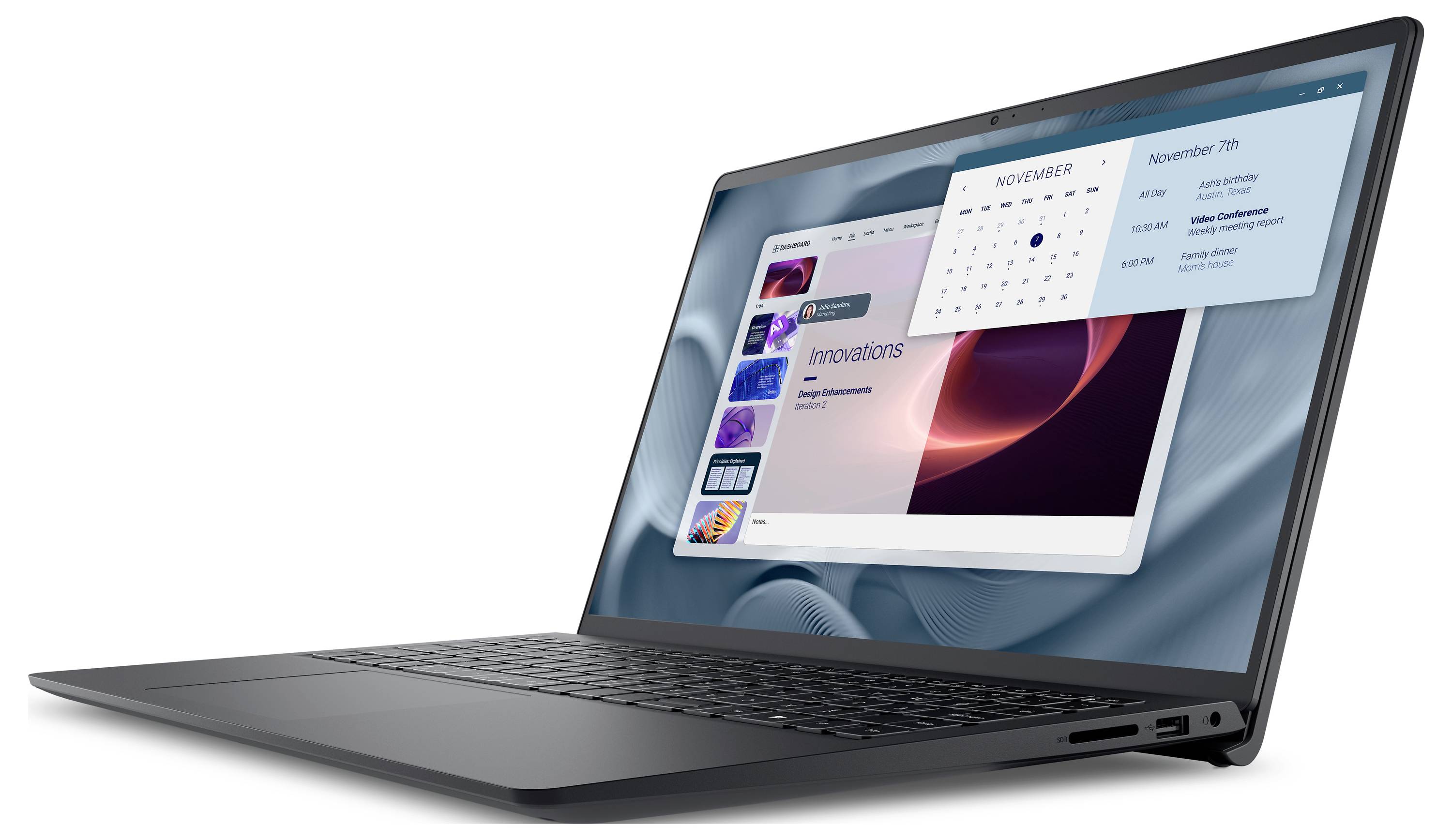 Ein schlankes schwarzes Laptop, das einen Kalender und eine digitale Schnittstelle mit bunten Grafiken zeigt, was einen Fokus auf Produktivität und Innovation andeutet.