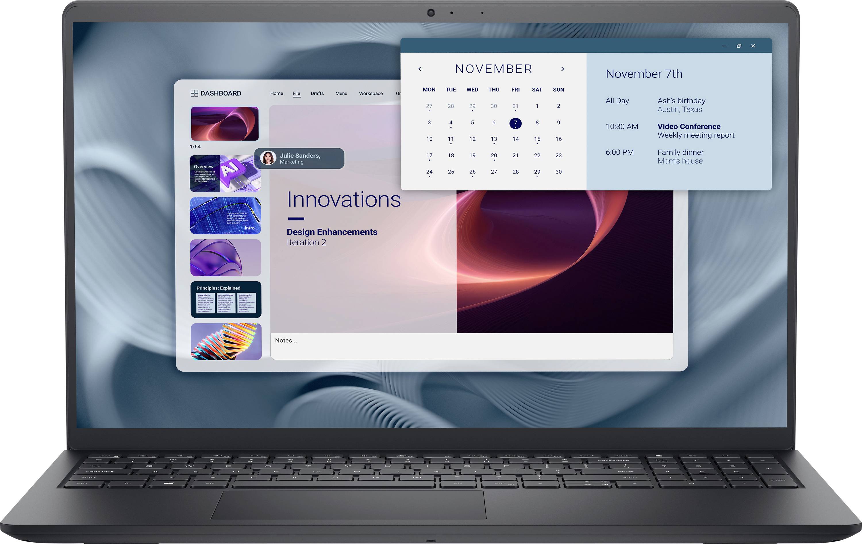 Laptop mit einem digitalen Dashboard, auf dem ein Kalender vom 7. November zu sehen ist; enthält Aufgaben wie 