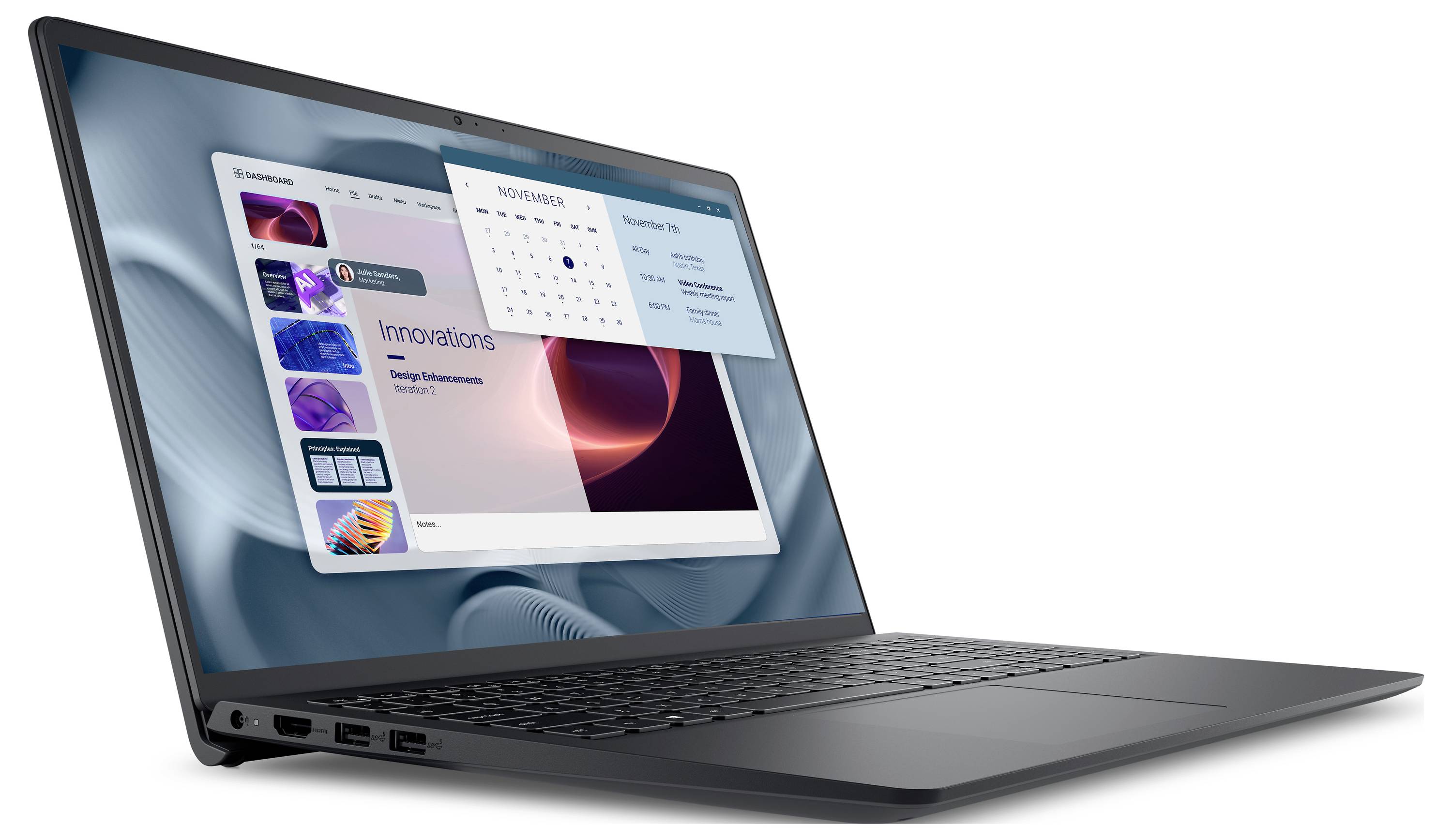 Ein Laptop, der eine Web-Design-Oberfläche mit einer Kalender-Überlagerung auf dem Bildschirm zeigt, symbolisiert Produktivität und Organisation.