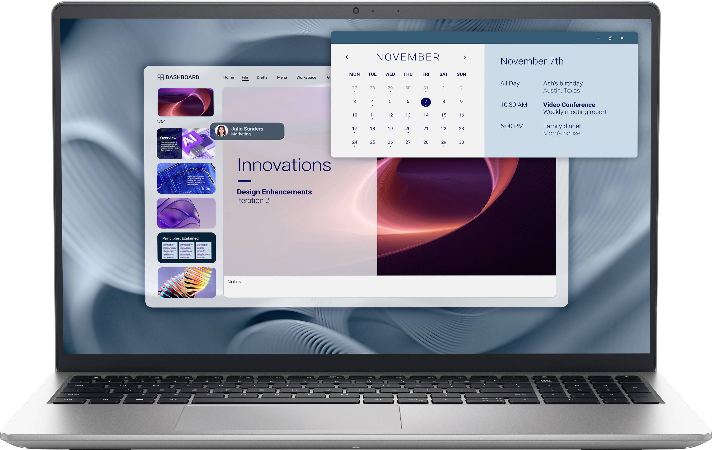 Ein Laptop-Bildschirm zeigt ein Dashboard mit Registerkarten, eine ‚Innovationen'-Präsentation und einen Kalender, der auf den 7. November eingestellt ist und Ereignisse hervorhebt.