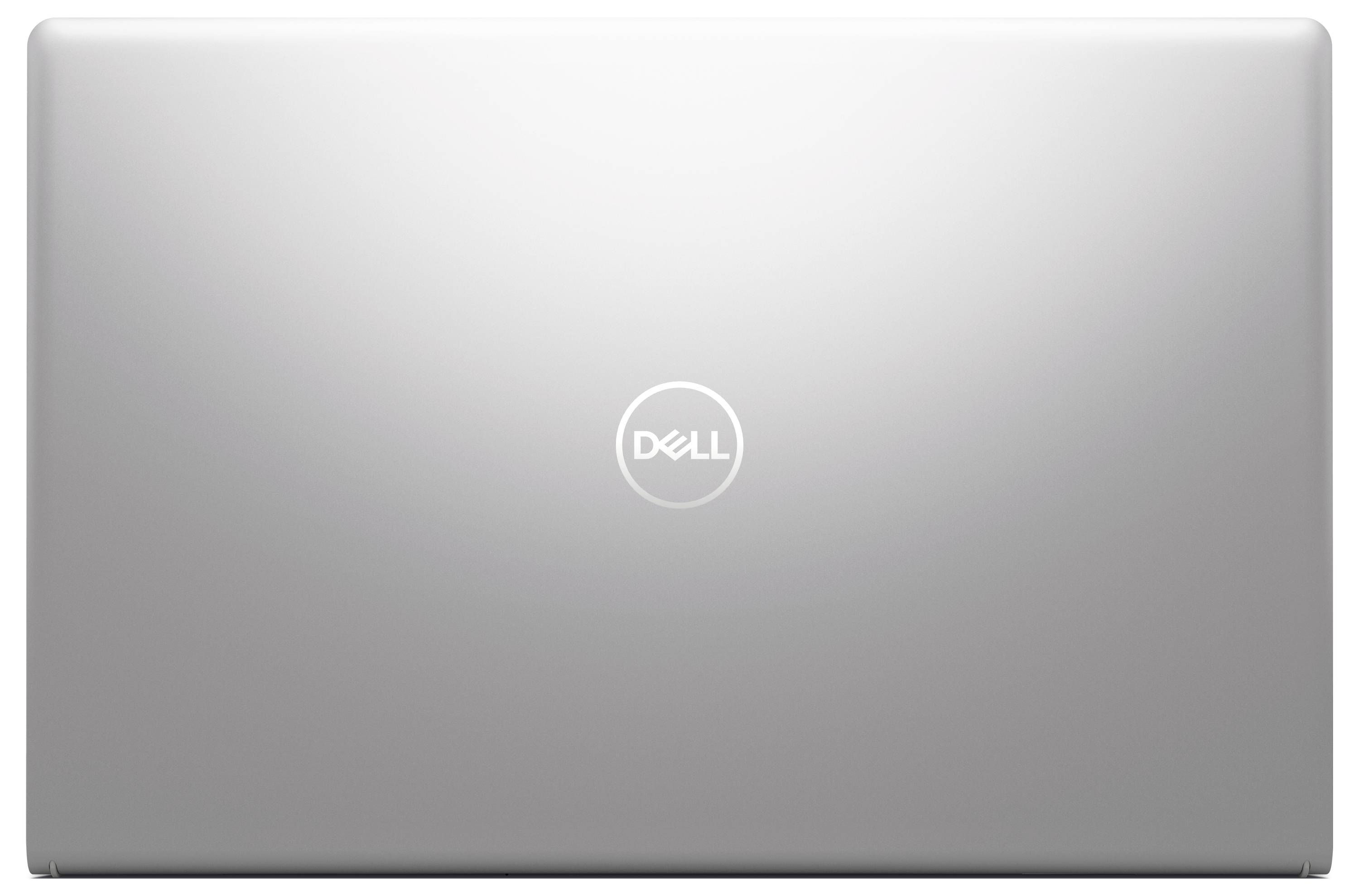 Geschlossener silberner Dell-Laptop, von oben betrachtet, mit dem Dell-Logo in der Mitte.