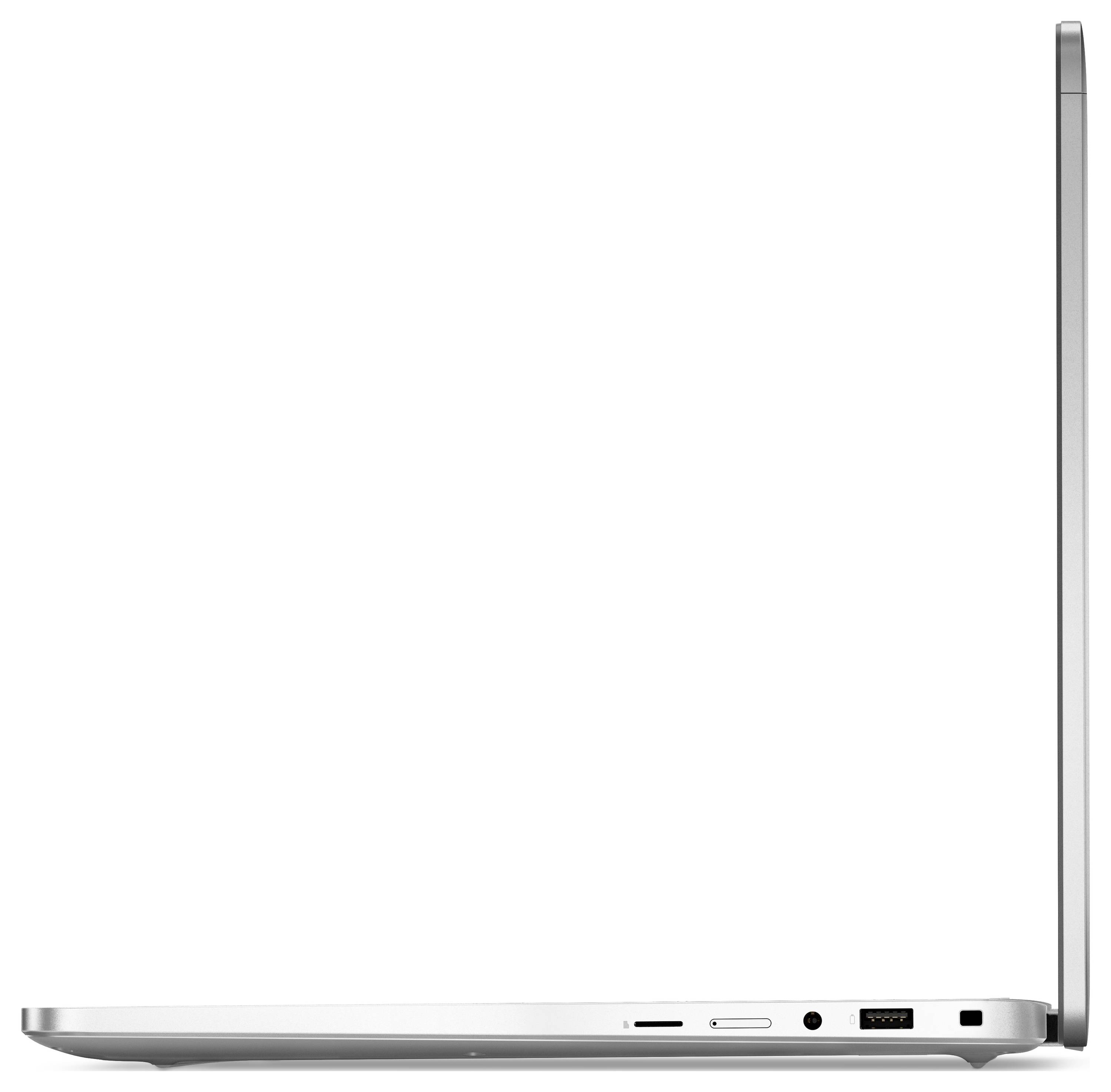Ein schlanker, silberner Laptop, von der Seite betrachtet, leicht geöffnet, der seine dünne Silhouette und die verschiedenen Anschlüsse am Rand präsentiert.