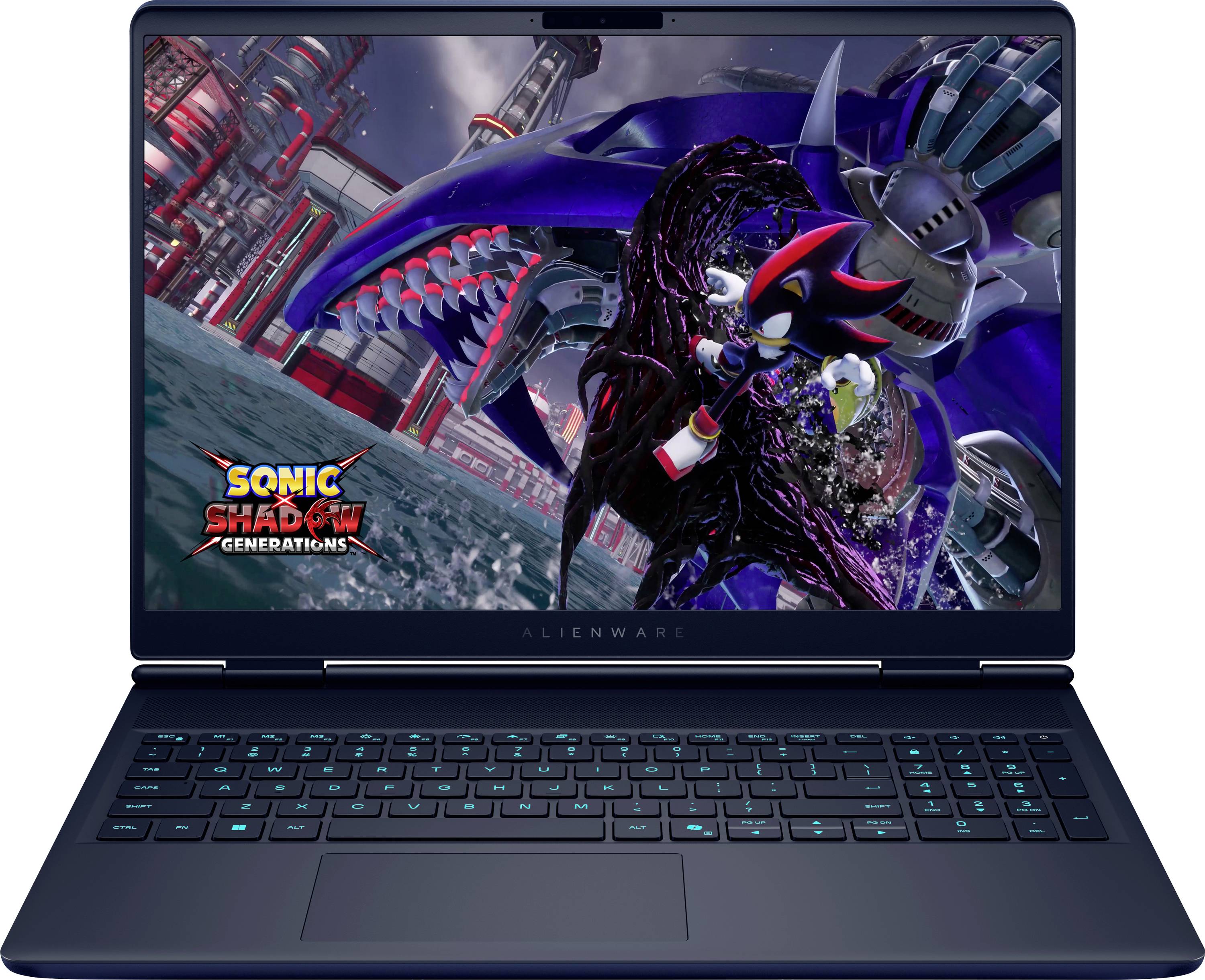 Ein Gaming-Laptop zeigt Artwork von 'Sonic Generations', das einen Charakter darstellt, der einem großen Roboterfeind in einer futuristischen Stadtkulisse gegenübersteht.