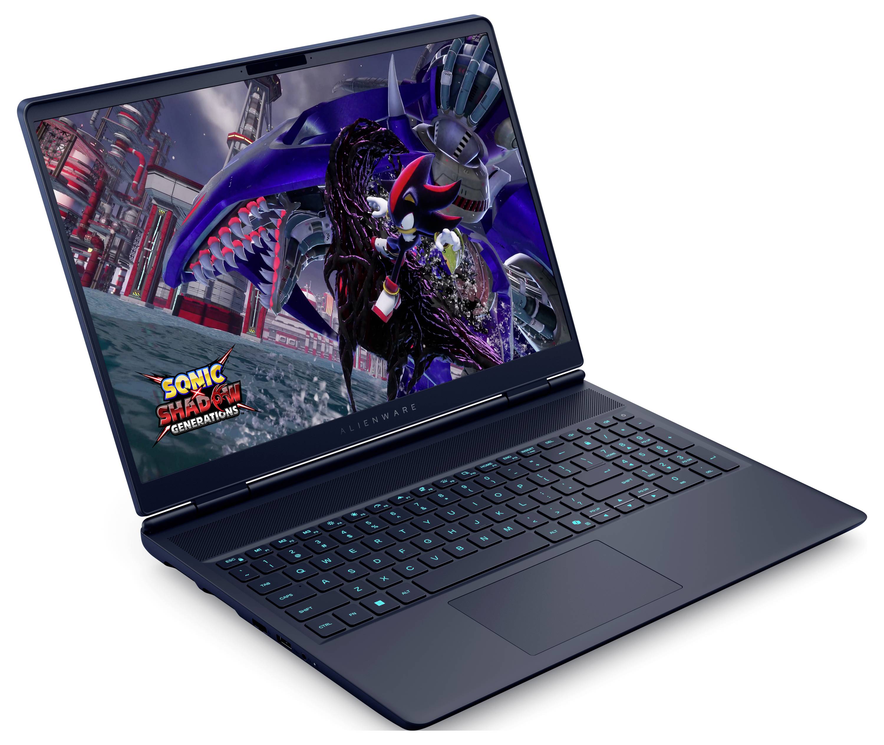 Ein Gaming-Laptop, auf dem ‚Sonic and Shadow Generations' auf dem Bildschirm angezeigt wird, mit lebhaften Grafiken der Charaktere in einer Actionszene.