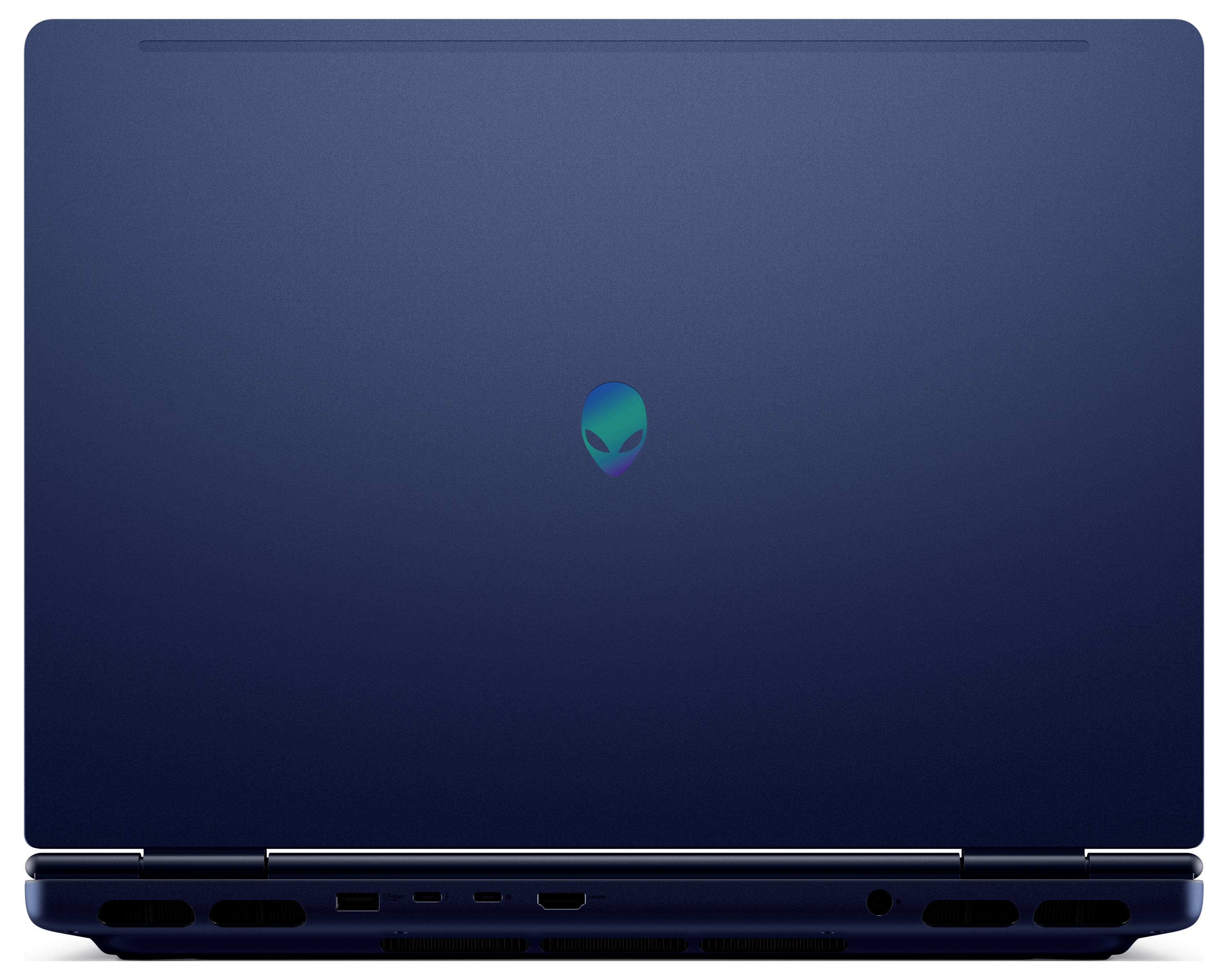 Ein geschlossener dunkelblauer Laptop mit einem Alien-Logo in der Mitte des Deckels.
