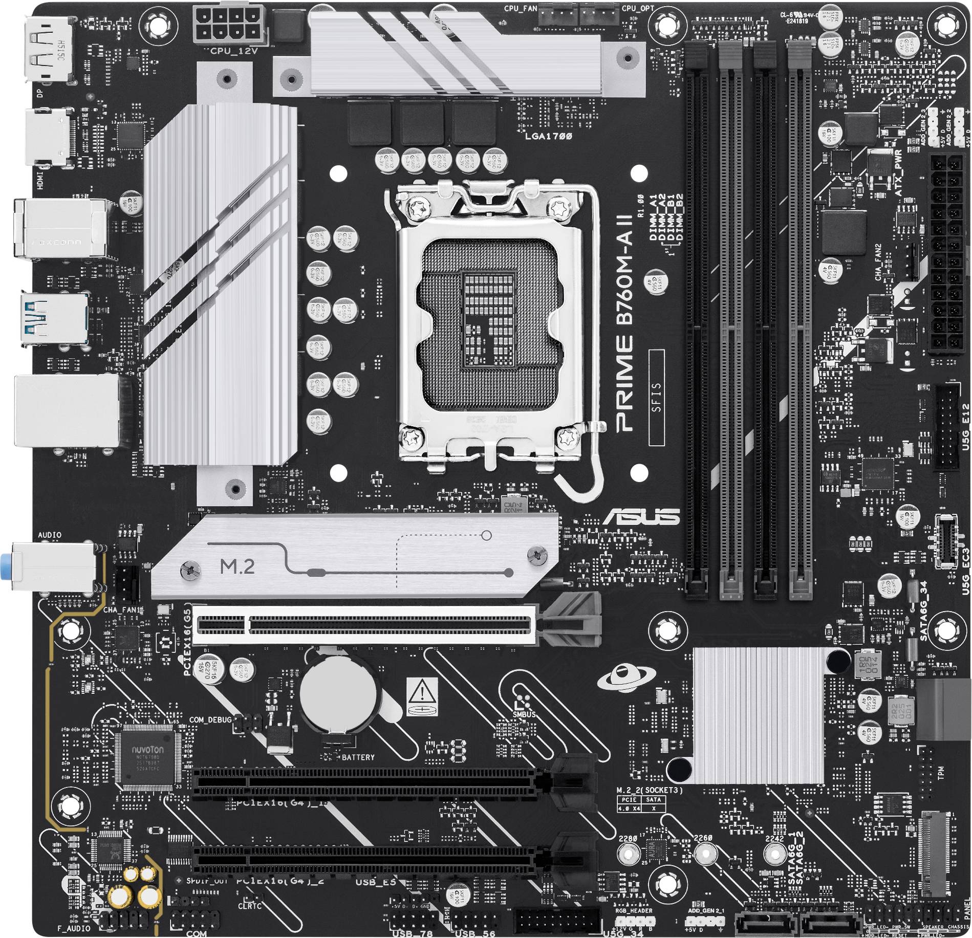 Eine Computermotherboard mit verschiedenen Anschlüssen, einem CPU-Sockel, RAM-Steckplätzen und beschrifteten Komponenten wie 'PRIME B760M-A II' und 'M.2'.