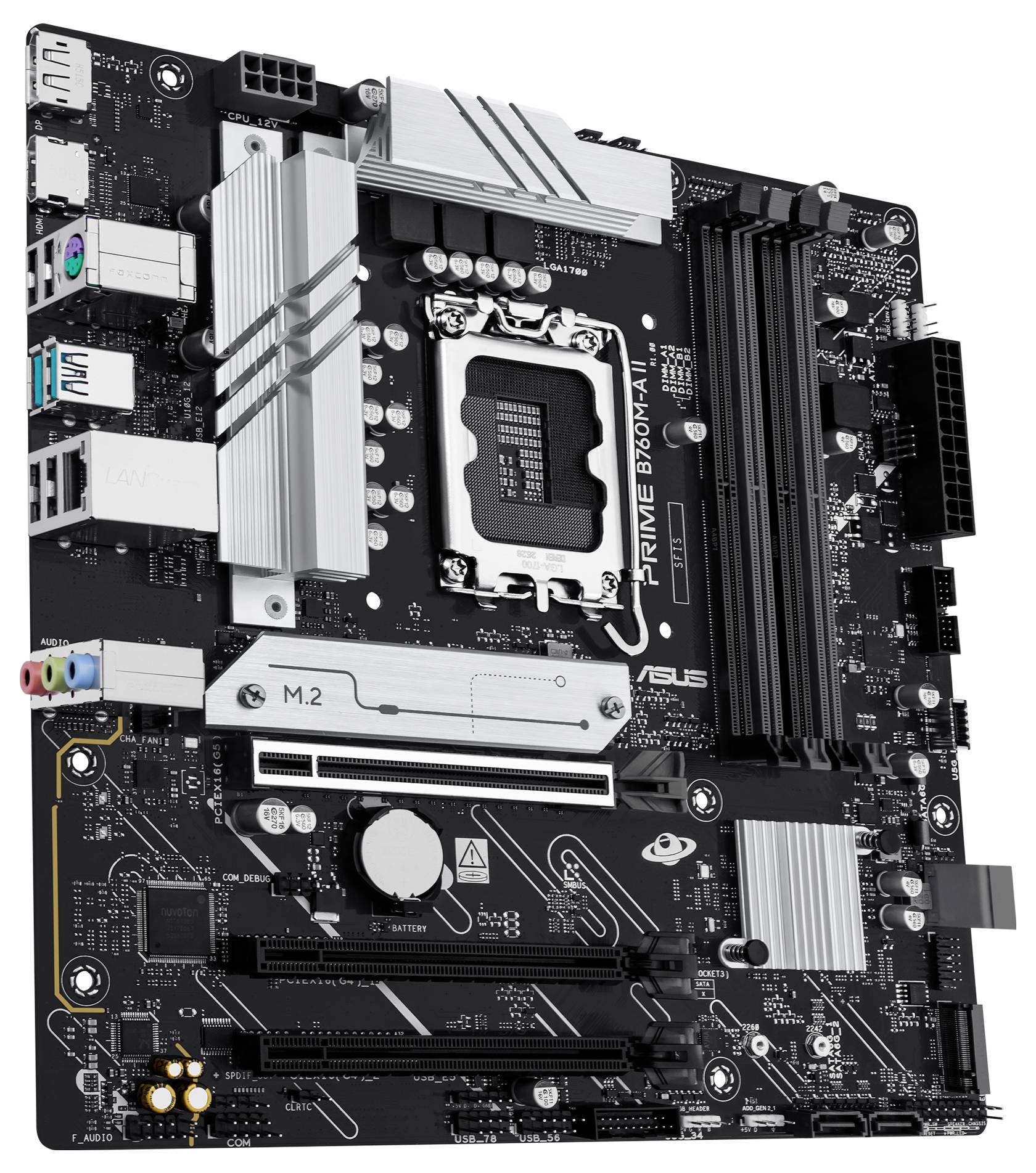 Eine Computermotherboard mit verschiedenen Komponenten wie RAM-Steckplätzen, einem CPU-Sockel, PCIe-Steckplätzen und Anschlüssen für Peripheriegeräte.