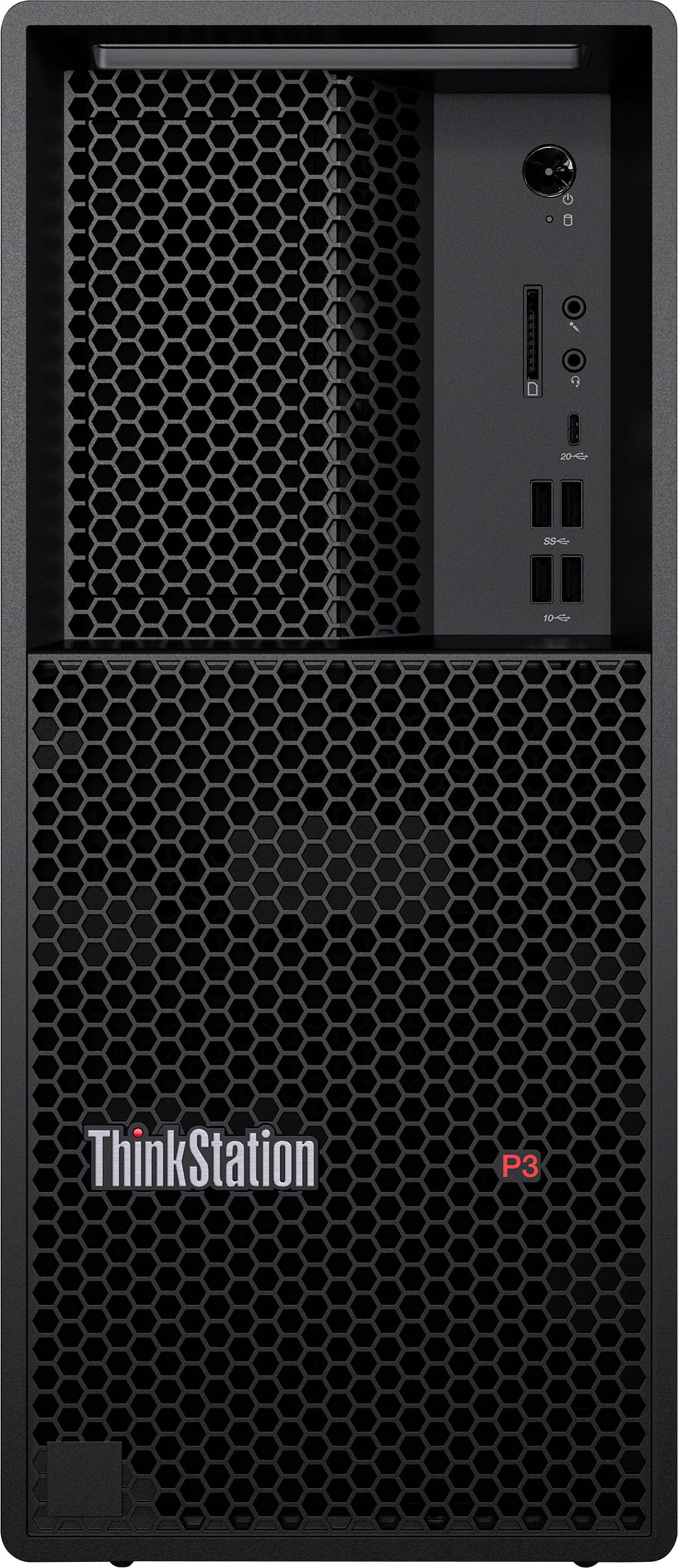 Ein schwarzer ThinkStation P3 Computertower mit einem Frontpanel aus Gitter, das USB-Anschlüsse und einen Audioeingang auf der oberen rechten Seite sowie ein Logo aufweist.