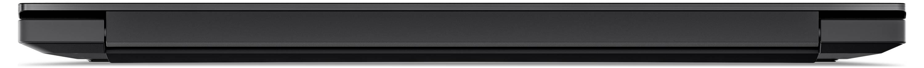 Ein geschlossener schwarzer Laptop, von der Seite betrachtet, der sein schlankes, dünnes Design zur Geltung bringt.