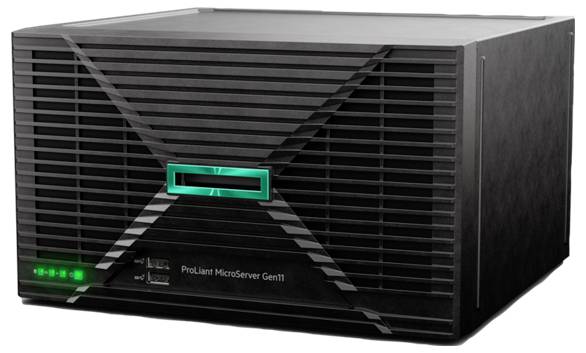 Rechteckiger, schwarzer ProLiant MicroServer Gen11 mit grünen LED-Leuchten und USB-Anschlüssen auf dem Frontpanel.