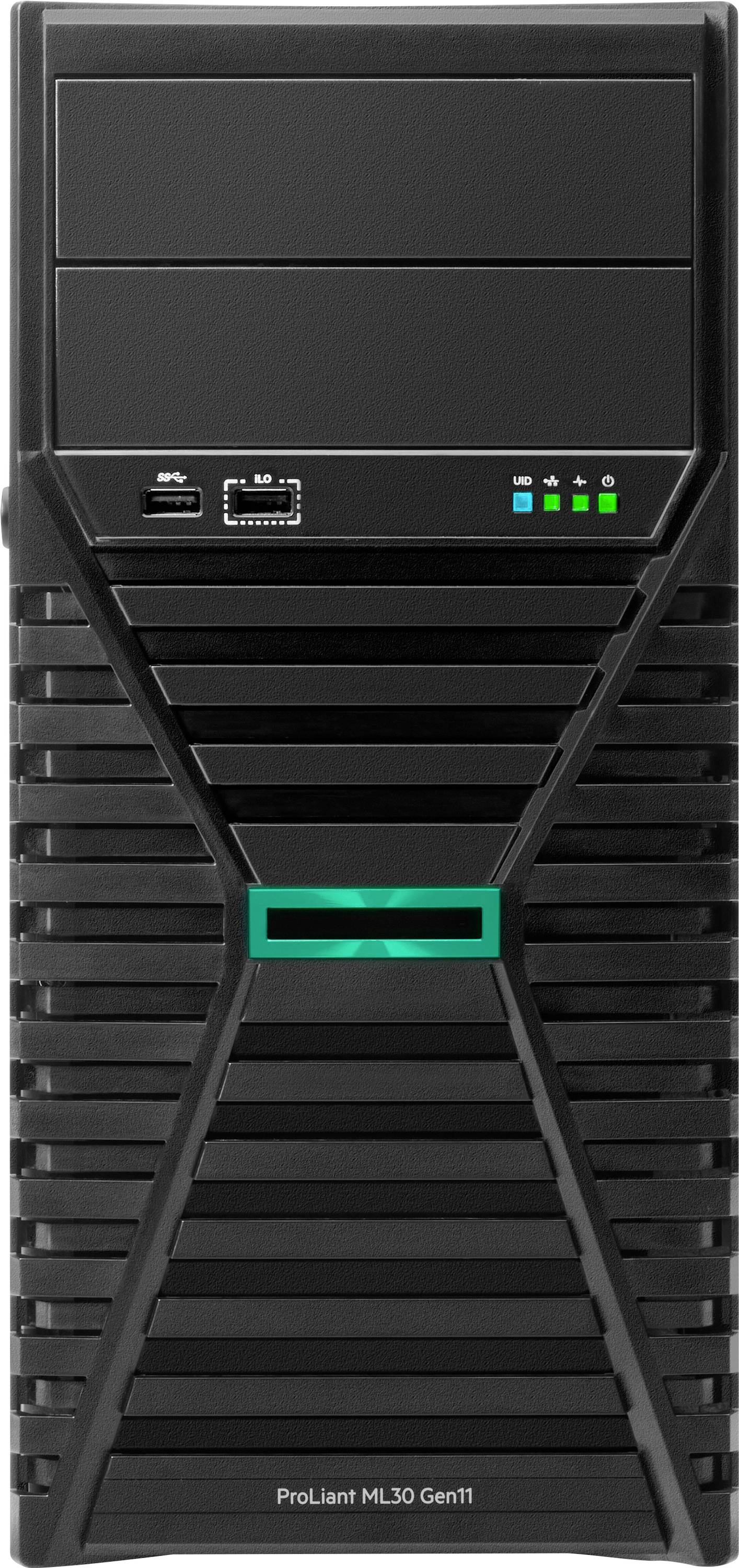 Ein schwarzer Server-Tower mit der Bezeichnung 'ProLiant ML30 Gen11', ausgestattet mit zwei USB-Anschlüssen, einem Ethernet-Anschluss und vier Indikatorleuchten auf dem Frontpanel.