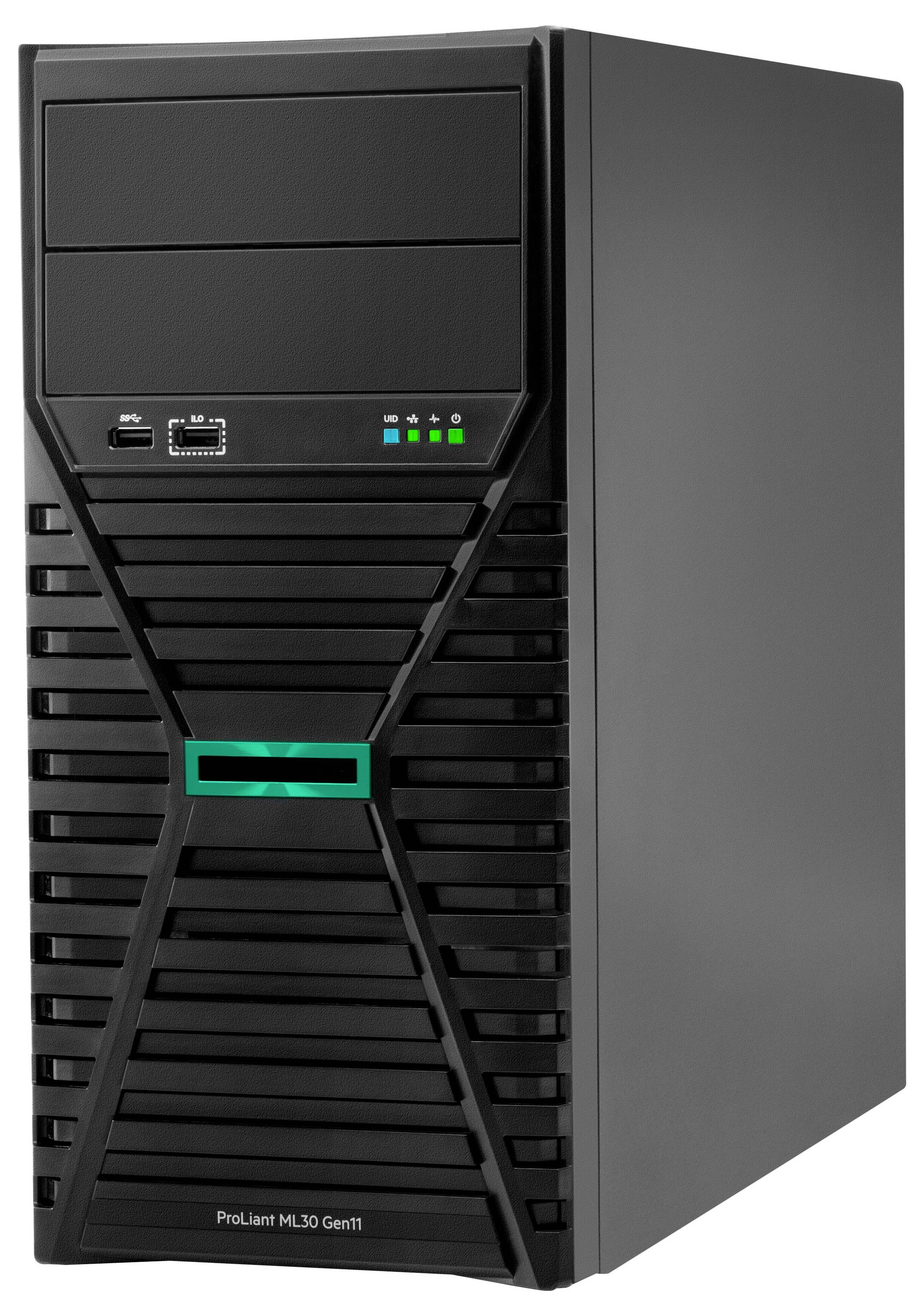 Ein schwarzer HP ProLiant ML30 Gen11 Server-Tower mit USB-Anschlüssen und LED-Anzeigen auf der Frontplatte, konzipiert für Geschäftsanwendungen.
