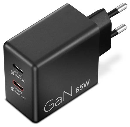 Ein 65W GaN-Ladegerät mit zwei USB-C-Ports, gekennzeichnet mit „18W Max