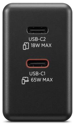 Ein schwarzer Wandladegerät mit zwei USB-C-Anschlüssen: ‚USB-C2' mit max. 18W und ‚USB-C1' mit max. 65W, gekennzeichnet für die Stromausgabe.