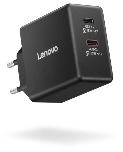 Ein schwarzes Lenovo Dual-Port Wandladegerät mit zwei USB-C-Anschlüssen, beschriftet mit ‚USB-C2 18W Max' und ‚USB-C1 65W Max', mit europäischem Steckertyp.